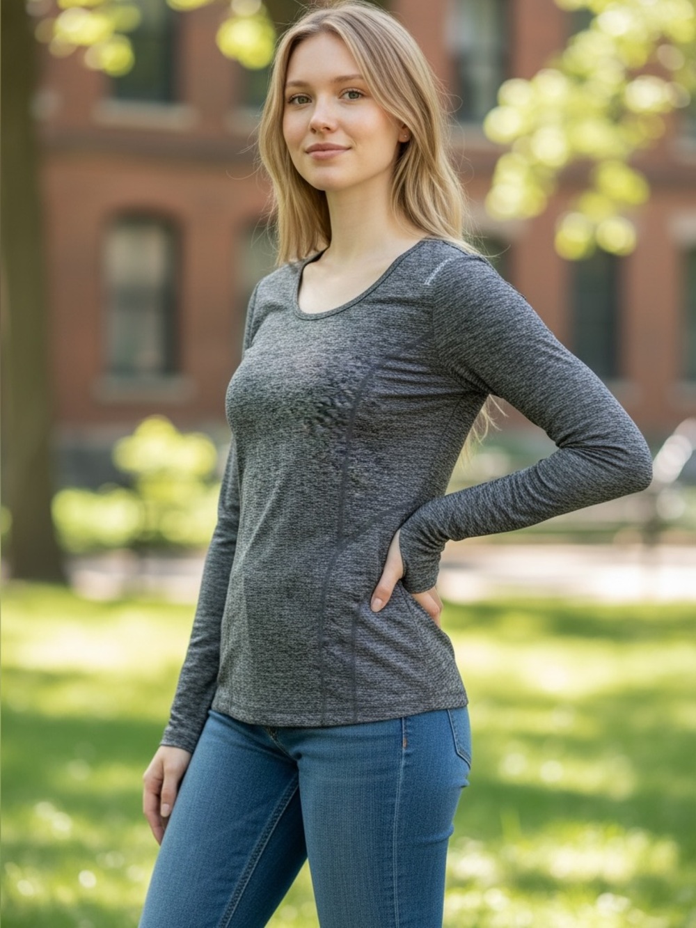 Reebok Women’s Long-Sleeve Heather Gray Performance Tee